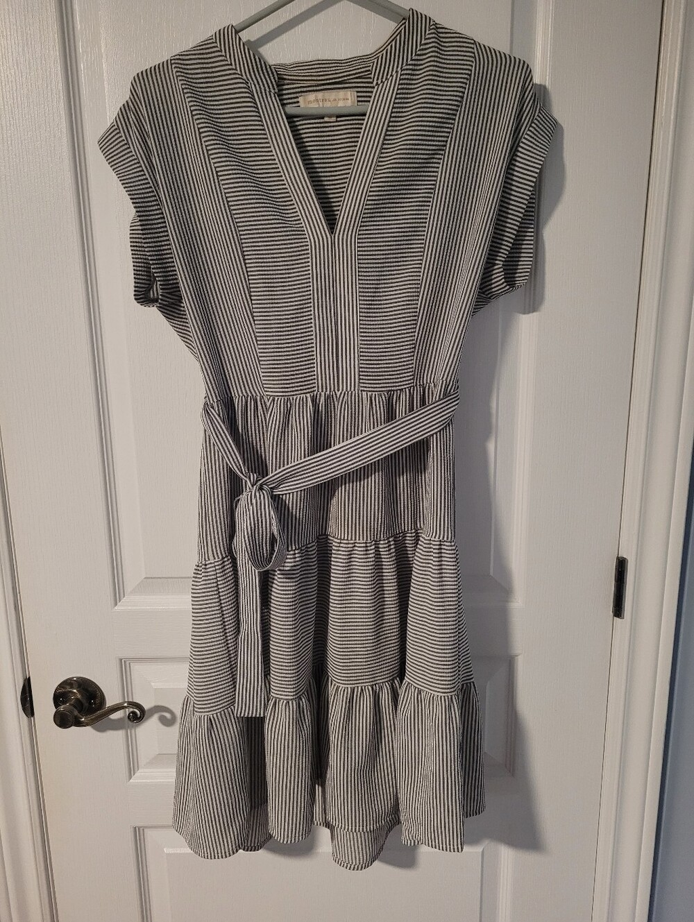 Monteau Los Angeles Striped V-Neck Tiered Belted Dress - Black & White